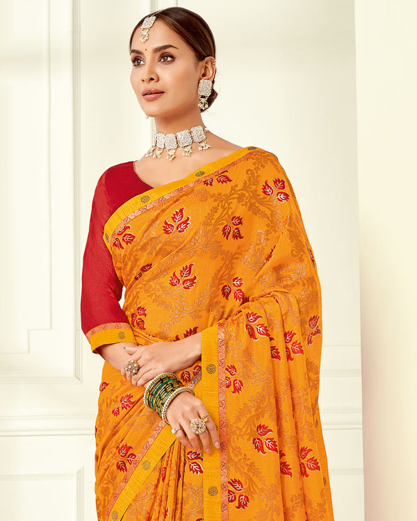 Vishal Prints Yellowish Orange Printed Silk Brasso Saree With Foil Print And Fancy Border