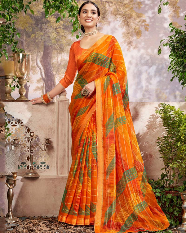 Vishal Prints Orange Printed Patterned Chiffon Saree With Core Piping