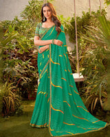 Vishal Prints Dark Mint Green Bandhani Print Chiffon Saree With Cut Work Border