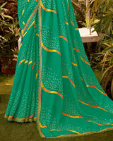 Vishal Prints Dark Mint Green Bandhani Print Chiffon Saree With Cut Work Border