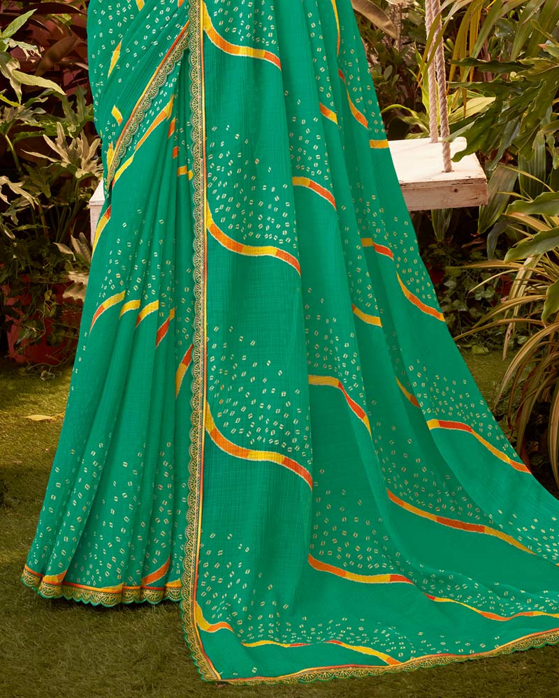 Vishal Prints Dark Mint Green Bandhani Print Chiffon Saree With Cut Work Border