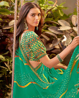 Vishal Prints Dark Mint Green Bandhani Print Chiffon Saree With Cut Work Border