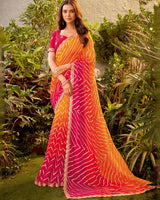 Vishal Prints Orange Bandhani Print Chiffon Saree With Cut Work Border