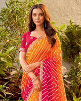 Vishal Prints Orange Bandhani Print Chiffon Saree With Cut Work Border