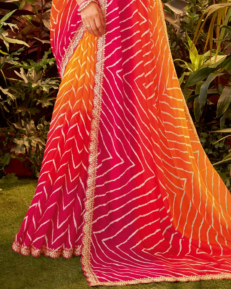 Vishal Prints Orange Bandhani Print Chiffon Saree With Cut Work Border