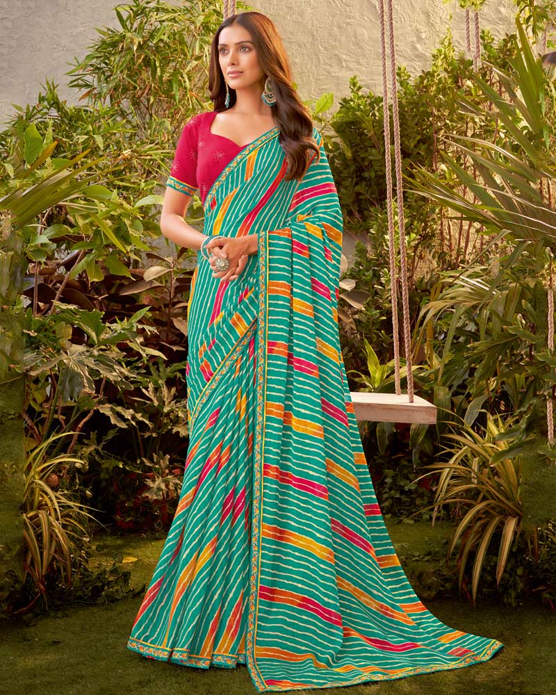 Vishal Prints Aqua Green Bandhani Print Chiffon Saree With Embroidery Zari Border