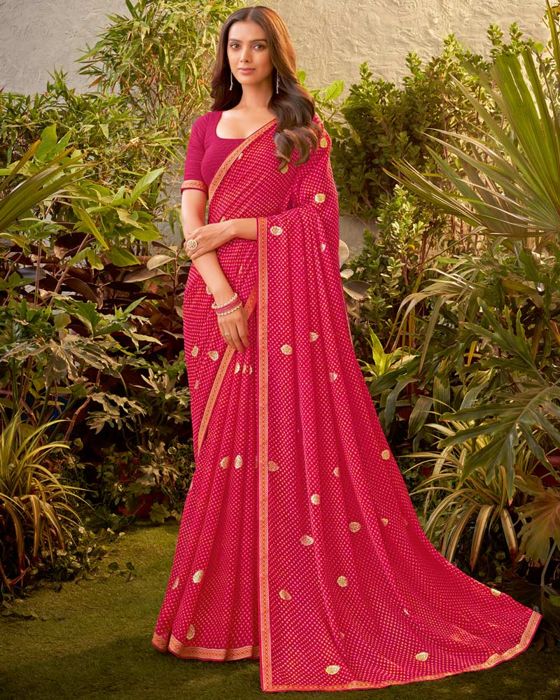 Vishal Prints Pinkish Red Bandhani Print Chiffon Saree With Zari Border