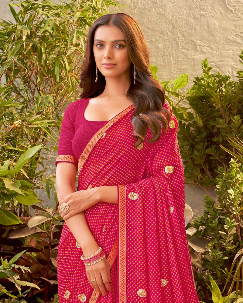 Vishal Prints Pinkish Red Bandhani Print Chiffon Saree With Zari Border