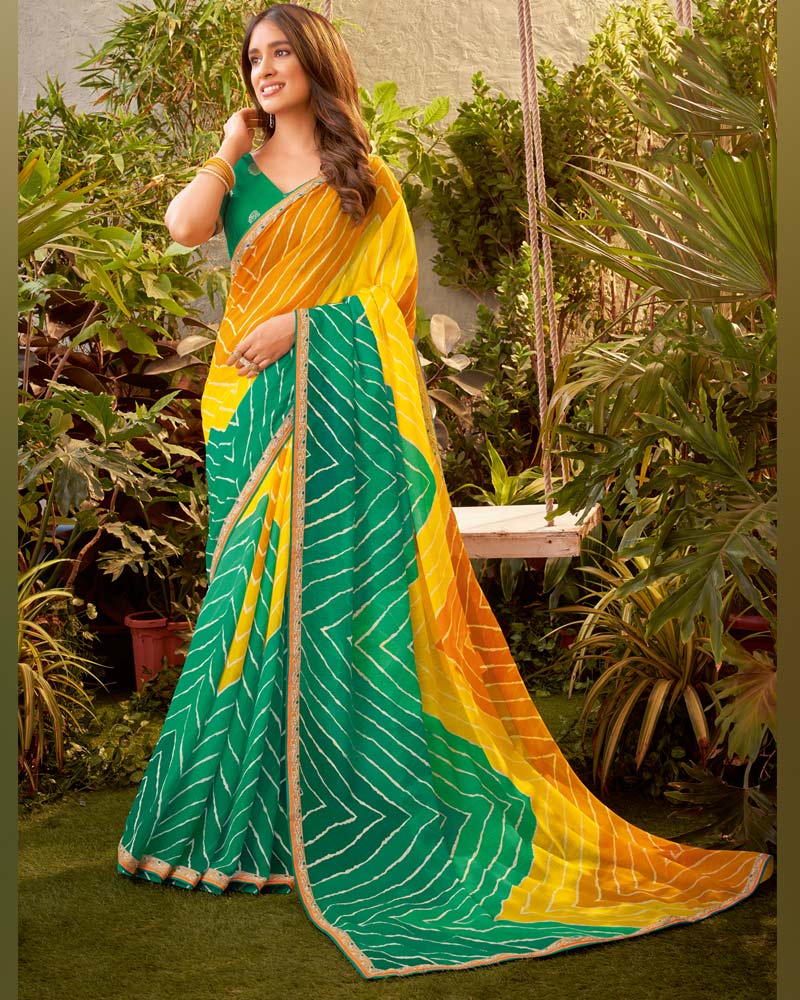 Vishal Prints Dark Mint Green Bandhani Print Chiffon Saree With Fancy Border