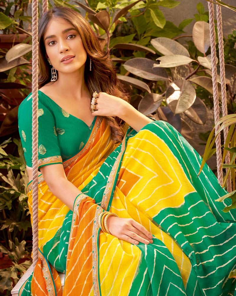 Vishal Prints Dark Mint Green Bandhani Print Chiffon Saree With Fancy Border