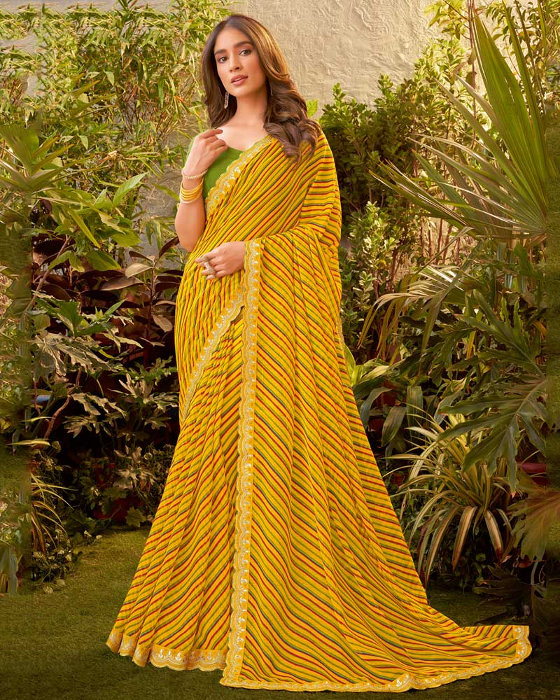 Vishal Prints Light Mustard Bandhani Print Chiffon Saree With Cut Work Border