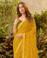 Vishal Prints Light Mustard Bandhani Print Chiffon Saree With Cut Work Border