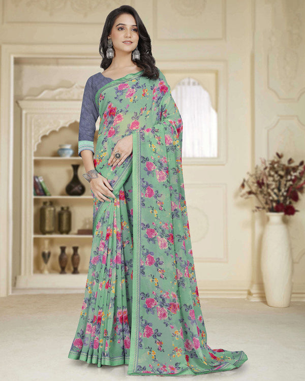 Vishal Prints Turquoise Green Printed Georgette Saree With Fancy Border