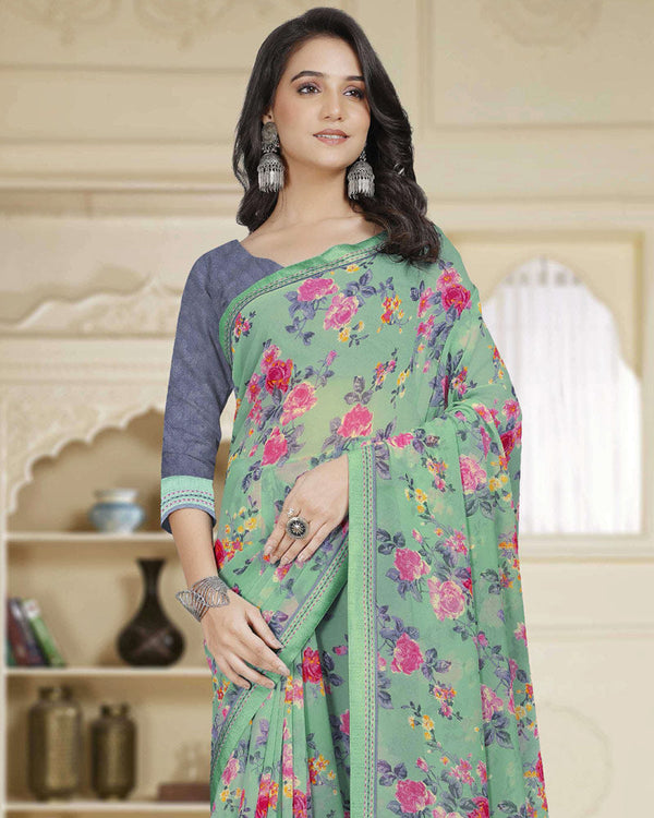 Vishal Prints Turquoise Green Printed Georgette Saree With Fancy Border