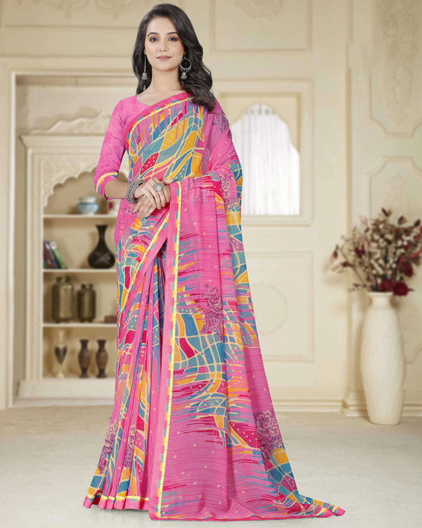 Vishal Prints Persian Pink Printed Georgette Saree With Fancy Border