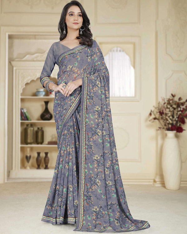 Vishal Prints Mamba Grey Printed Georgette Saree With Fancy Border