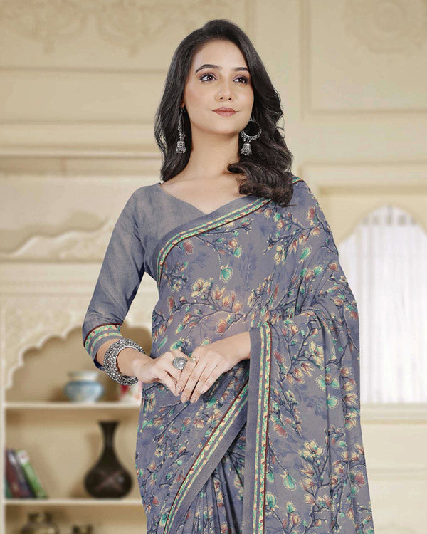 Vishal Prints Mamba Grey Printed Georgette Saree With Fancy Border