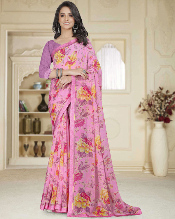 Vishal Prints Illusion Pink Printed Georgette Saree With Fancy Border