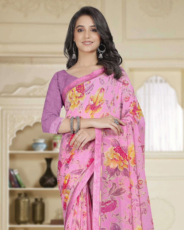 Vishal Prints Illusion Pink Printed Georgette Saree With Fancy Border