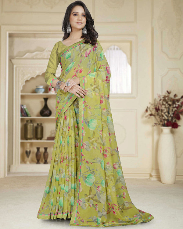 Vishal Prints Moss Green Printed Georgette Saree With Fancy Border