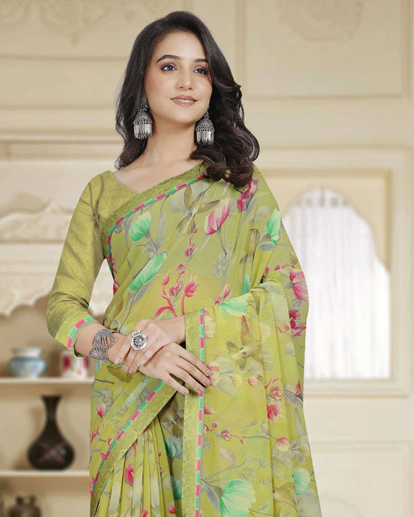 Vishal Prints Moss Green Printed Georgette Saree With Fancy Border