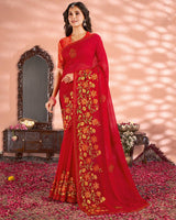 Vishal Prints Dark Red Designer Chiffon Saree With Embroidery And Diamond Work