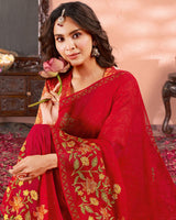 Vishal Prints Dark Red Designer Chiffon Saree With Embroidery And Diamond Work