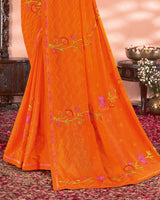 Vishal Prints Dark Orange Designer Chiffon Saree With Embroidery And Diamond Work