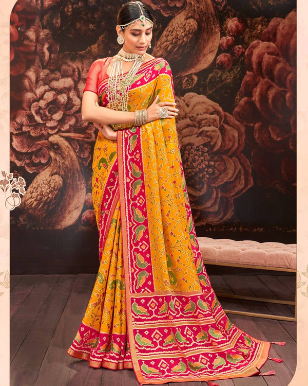 Vishal Prints Yellowish Orange Silk Brasso Saree With Tassel