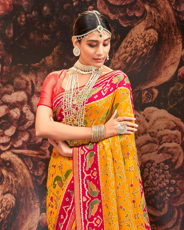 Vishal Prints Yellowish Orange Silk Brasso Saree With Tassel