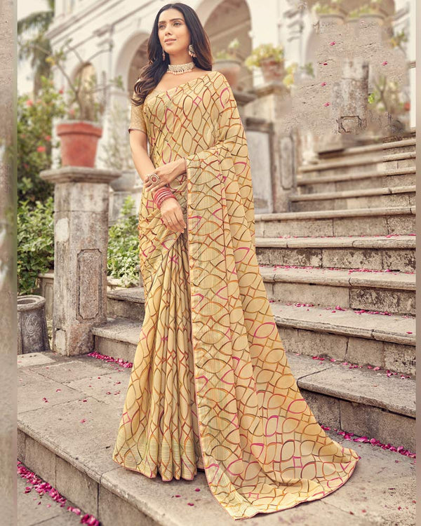 Vishal Prints Beige Printed Fancy Chiffon Saree With Core Piping