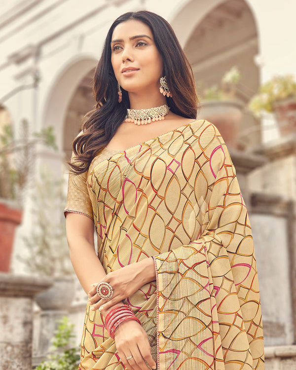 Vishal Prints Beige Printed Fancy Chiffon Saree With Core Piping