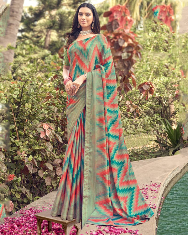 Vishal Prints Turquoise Green Printed Fancy Chiffon Saree With Core Piping