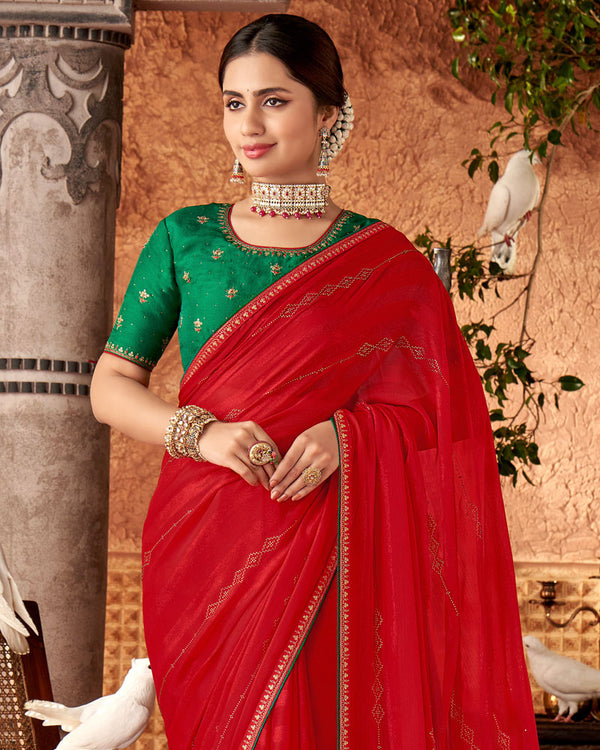 Vishal Prints Cherry Red Designer Chiffon Saree With Diamond Work And Fancy Piping