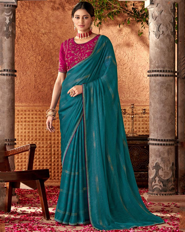 Vishal Prints Dark Teal Blue Designer Chiffon Saree With Diamond Work And Fancy Piping