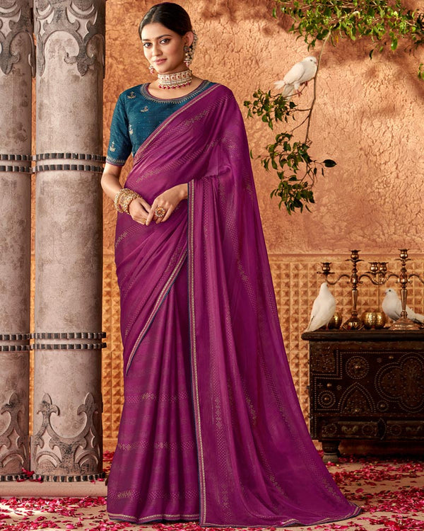 Vishal Prints Rose Bud Cherry Designer Chiffon Saree With Diamond Work And Fancy Piping