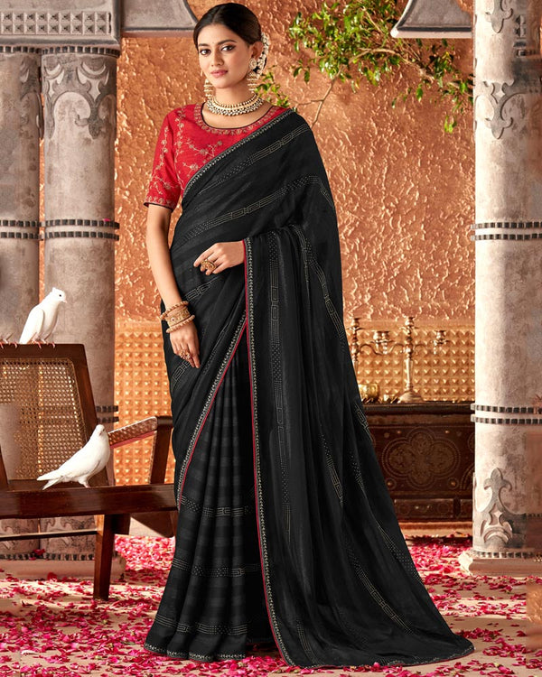 Vishal Prints Black Designer Chiffon Saree With Diamond Work And Fancy Piping