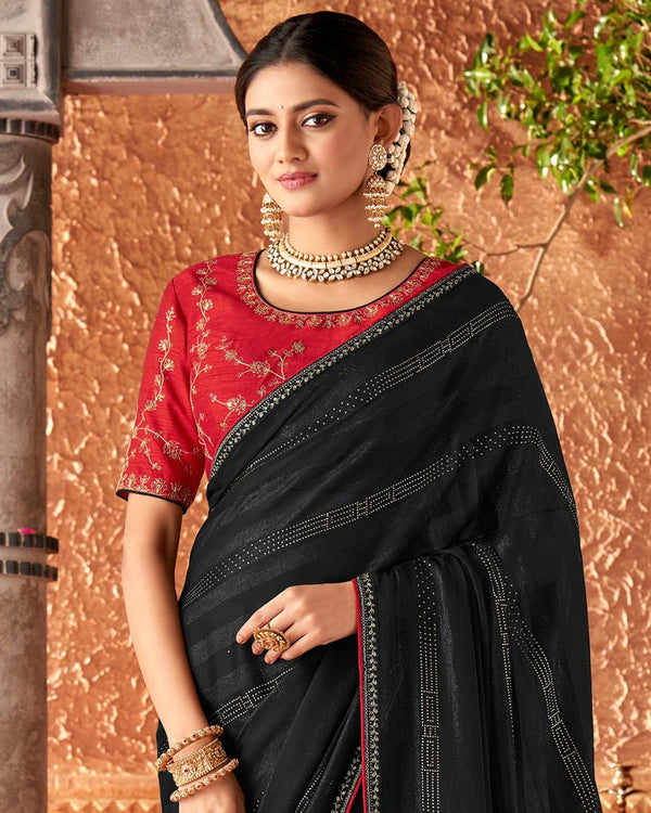 Vishal Prints Black Designer Chiffon Saree With Diamond Work And Fancy Piping