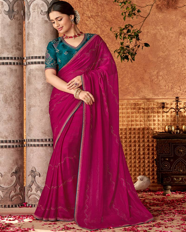 Vishal Prints Jazzberry Jam Designer Chiffon Saree With Diamond Work And Fancy Piping