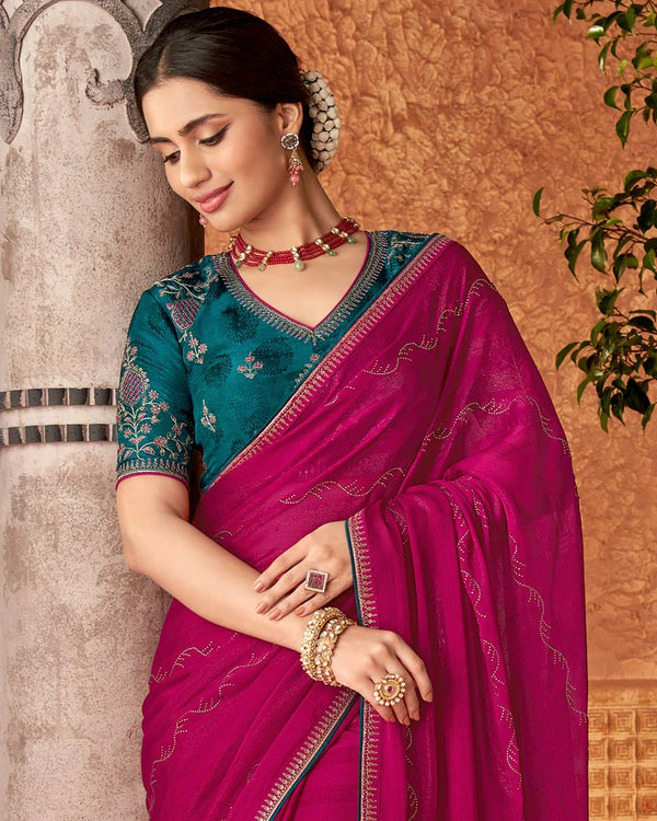 Vishal Prints Jazzberry Jam Designer Chiffon Saree With Diamond Work And Fancy Piping