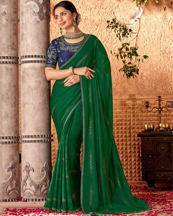 Vishal Prints Dark Green Designer Chiffon Saree With Diamond Work And Fancy Piping