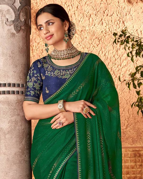 Vishal Prints Dark Green Designer Chiffon Saree With Diamond Work And Fancy Piping