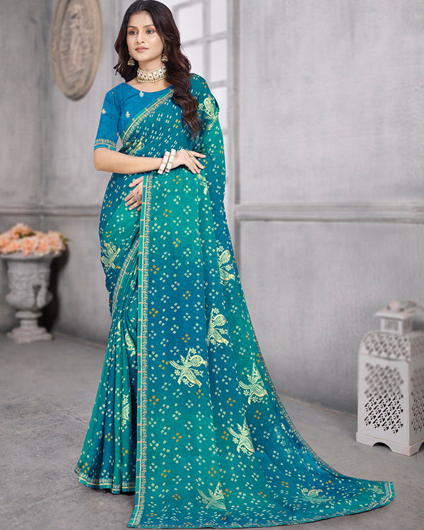 Vishal Prints Peacock Blue Bandhani Print Chiffon Saree With Foil Print And Fancy Border