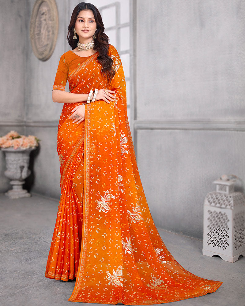 Vishal Prints Dark Orange Bandhani Print Chiffon Saree With Foil Print And Fancy Border