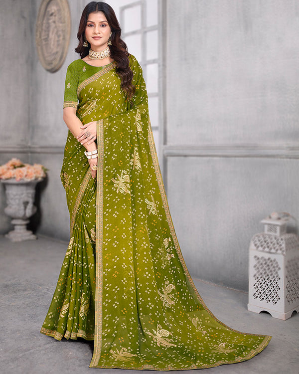 Vishal Prints Mehandi Green Bandhani Print Chiffon Saree With Foil Print And Fancy Border