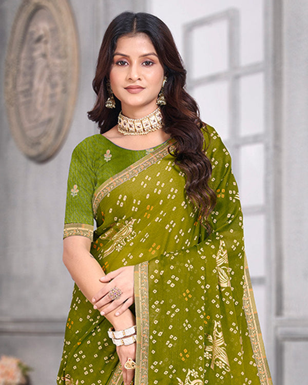 Vishal Prints Mehandi Green Bandhani Print Chiffon Saree With Foil Print And Fancy Border