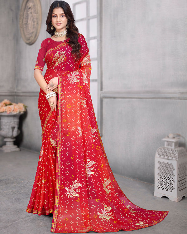 Vishal Prints Pastel Red Bandhani Print Chiffon Saree With Foil Print And Fancy Border