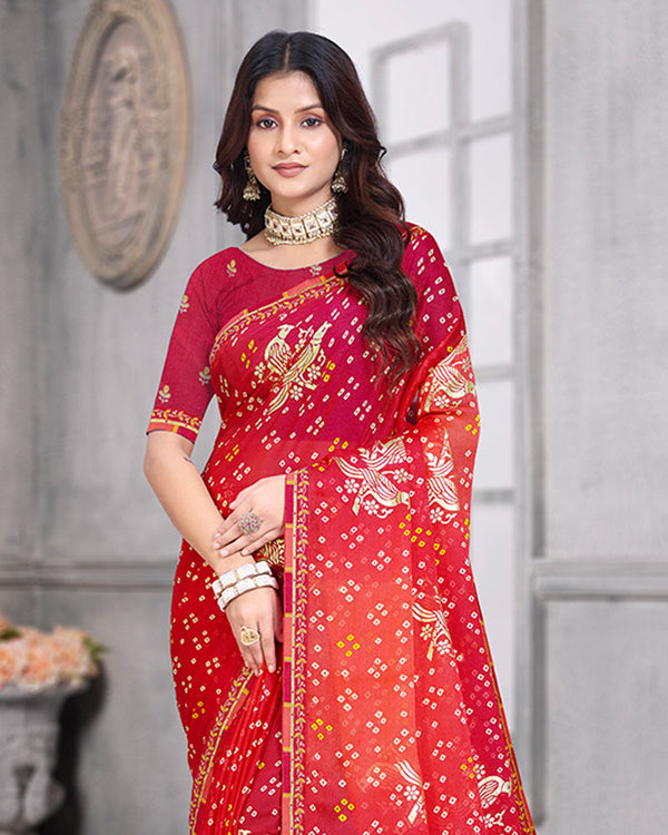 Vishal Prints Pastel Red Bandhani Print Chiffon Saree With Foil Print And Fancy Border