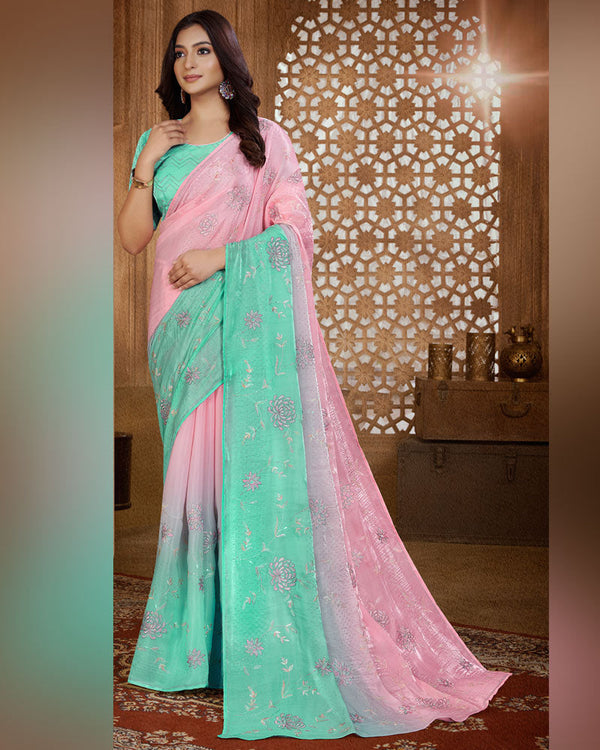 Vishal Prints Sea Green Designer Organza Saree With Embroidery Diamond Work And Core Piping