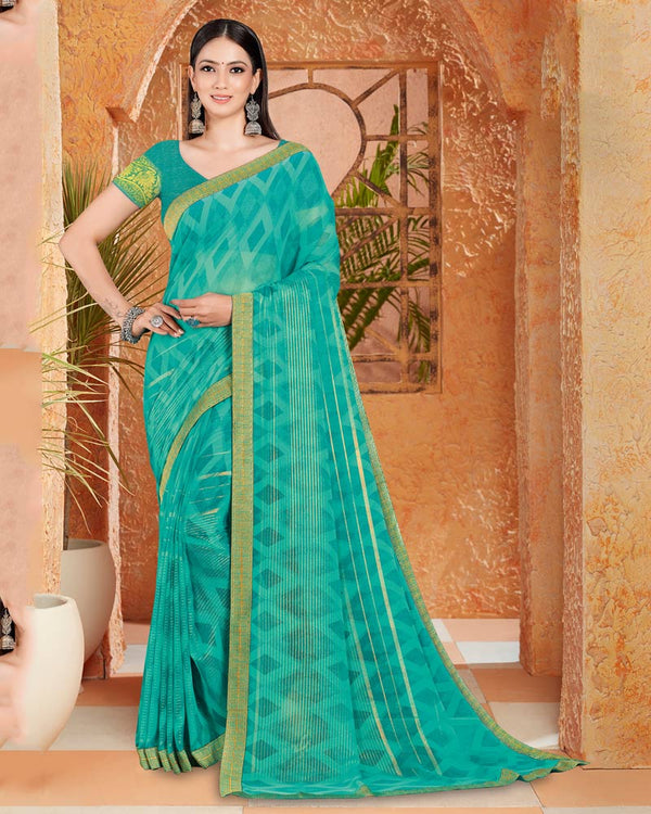 Vishal Prints Teal Blue Georgette Saree With Foil Print And Zari Border